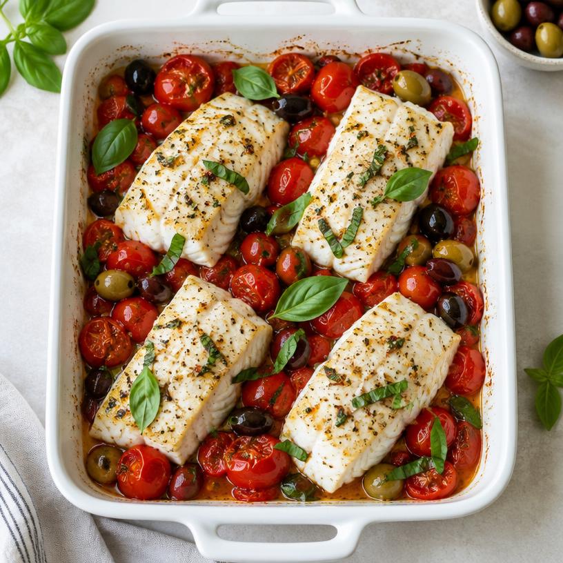 Baked cod with tomatoes & olives