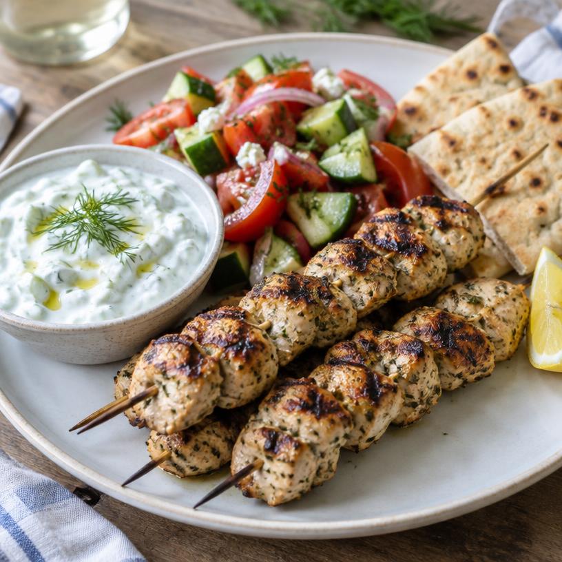 Chicken souvlaki with tzatziki