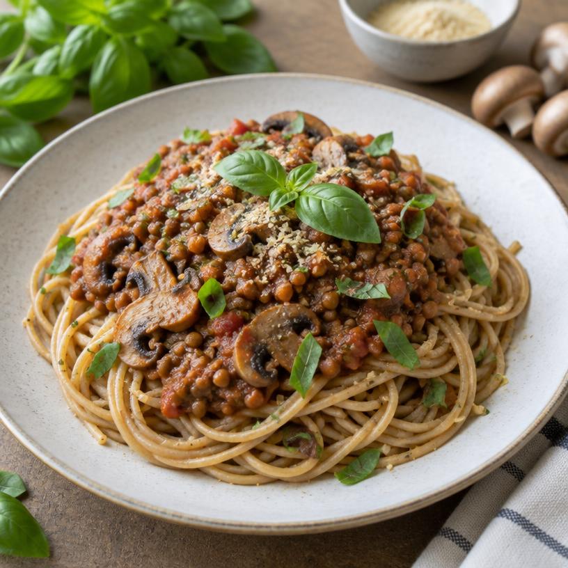 Lentil bolognese with whole-wheat pasta