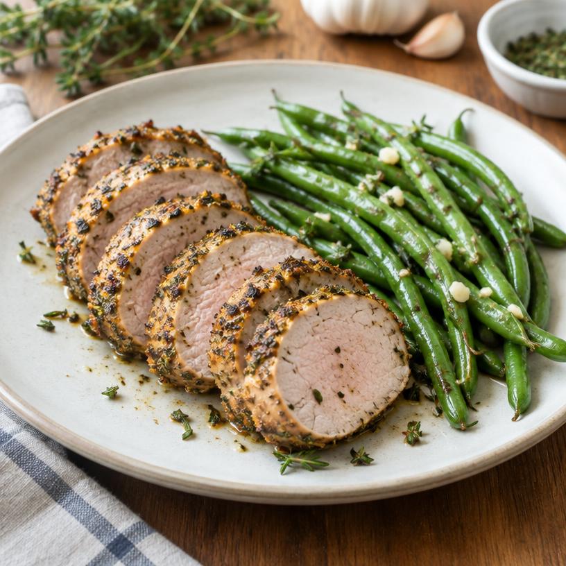 Herb-crusted pork tenderloin & green beans