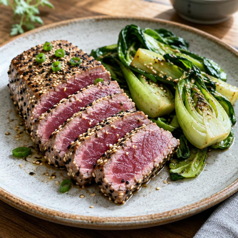 Seared tuna with sesame greens