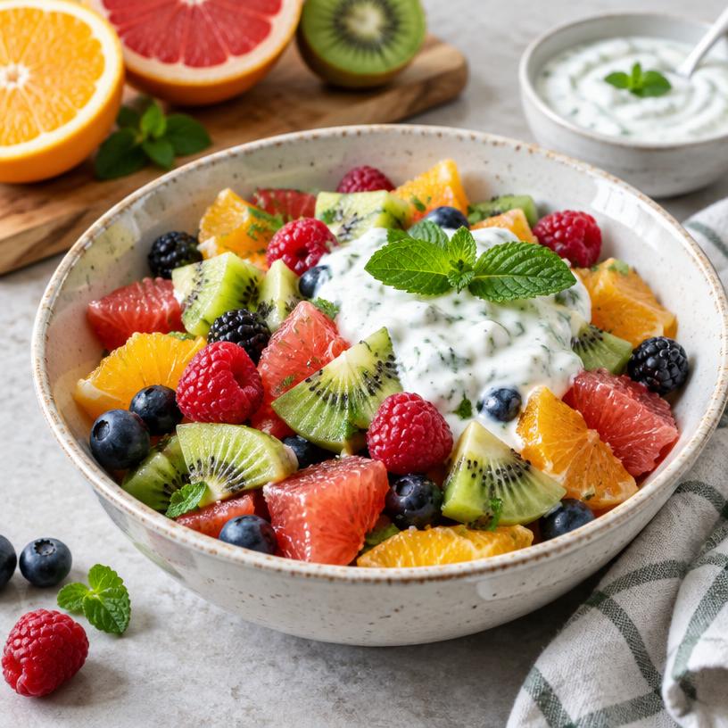 Citrus fruit salad with mint yogurt