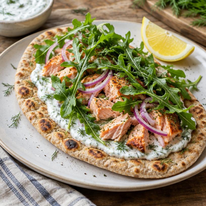 Whole-wheat naan pizza with salmon & arugula