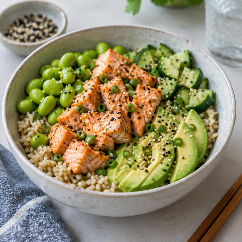 Salmon poke-style rice bowl