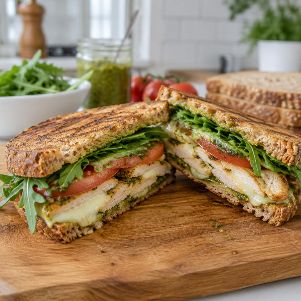Chicken pesto panini with arugula