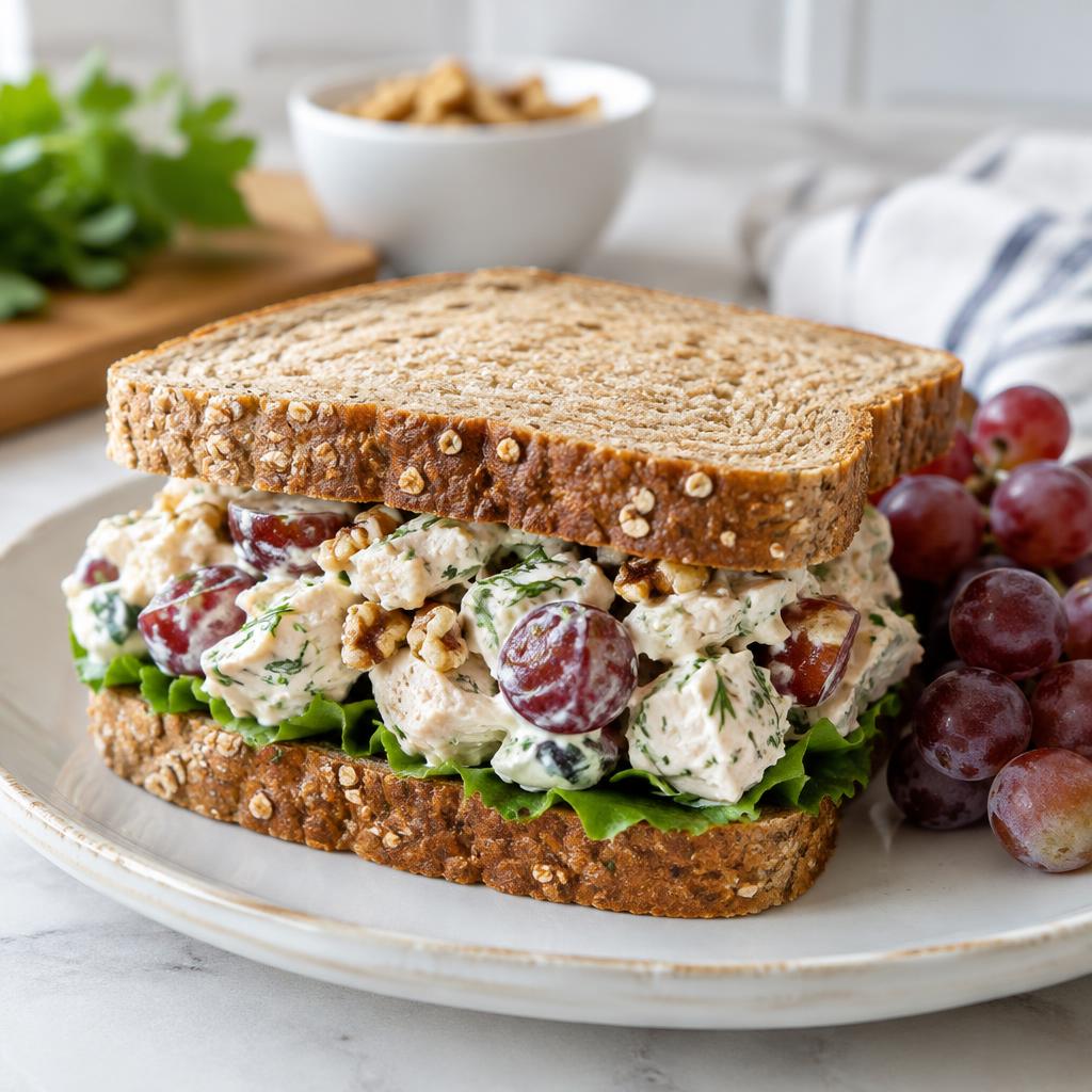 Grape & walnut chicken salad sandwich