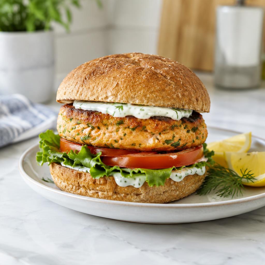 Salmon patty sandwich with lemon-dill sauce