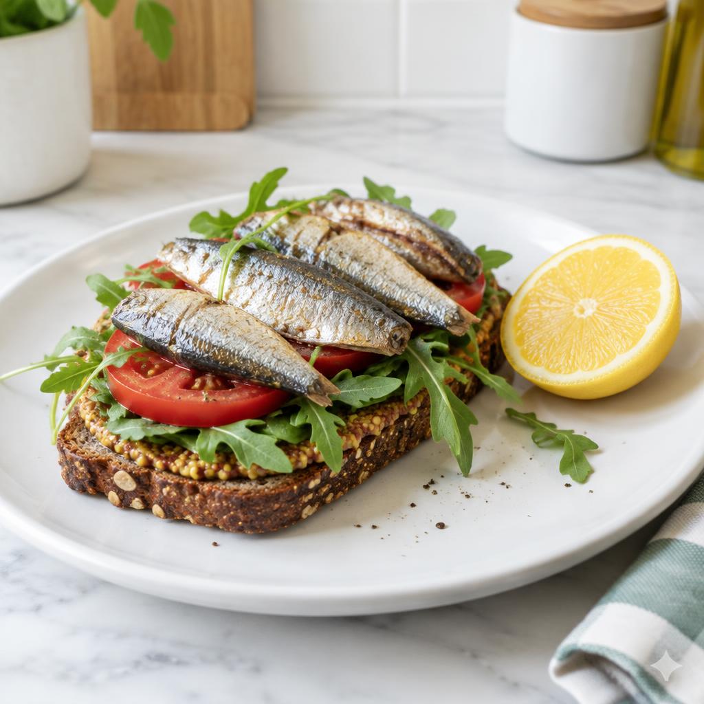 Sardines with tomato & arugula on rye
