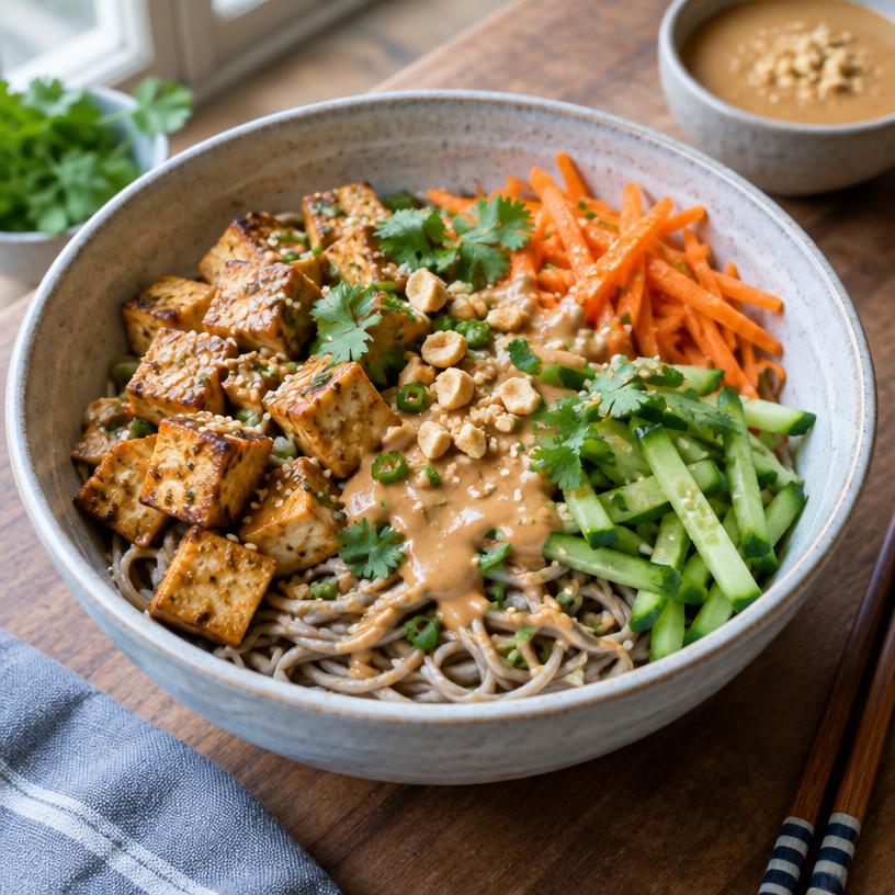 Peanut tofu soba bowl