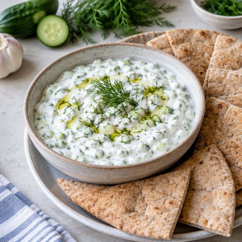 Cucumber yogurt dip with pita