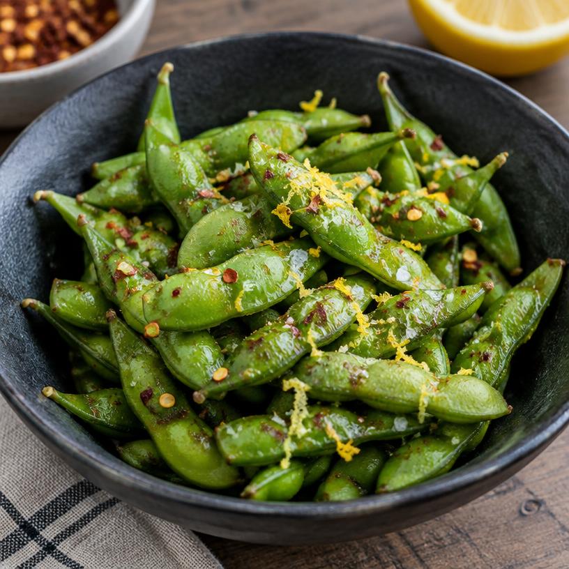 Steamed edamame with lemon