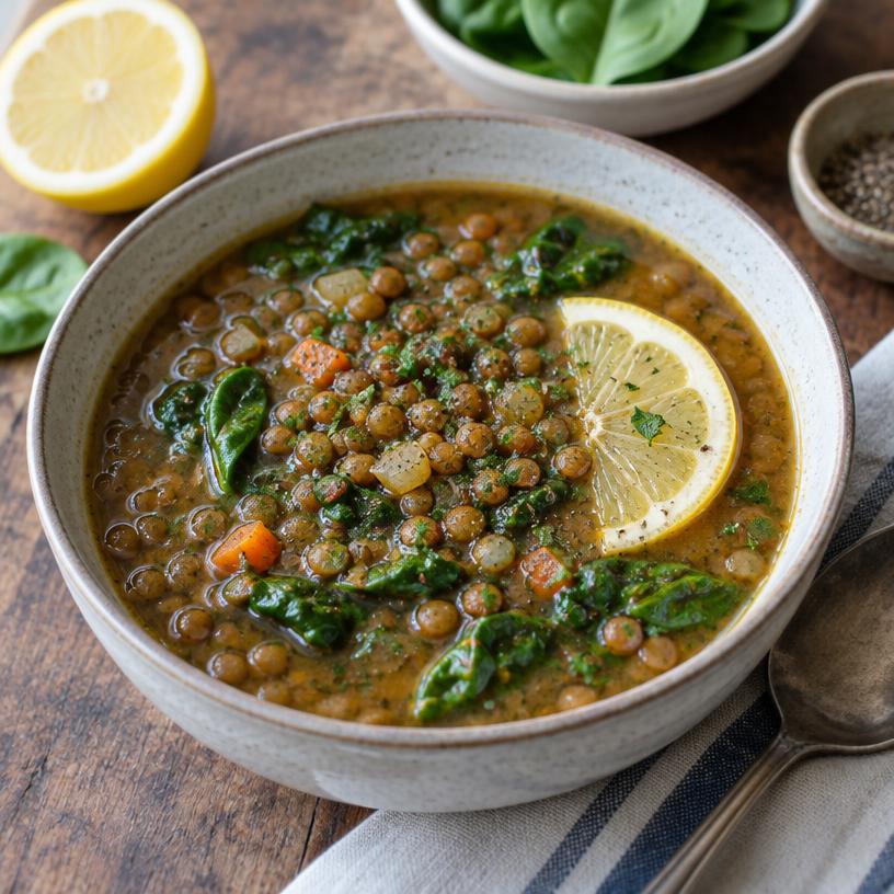 Lemony lentil spinach soup